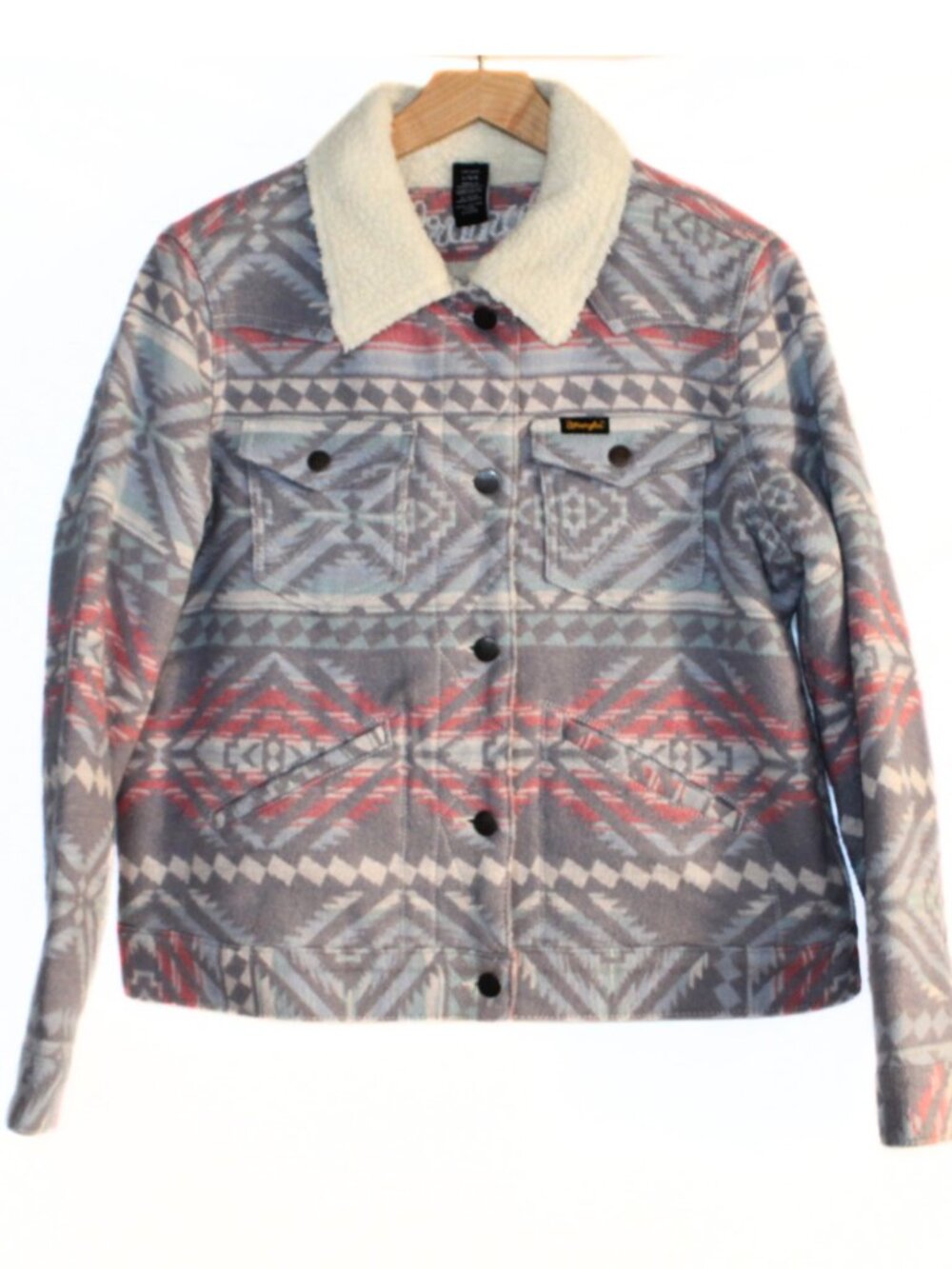 Wrangler women's coat size L sherpa trim southwest jacquard print button up